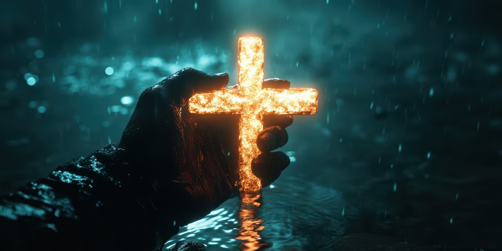 Cross held above water illuminates a dark, rainy setting highlighting themes of faith and hope